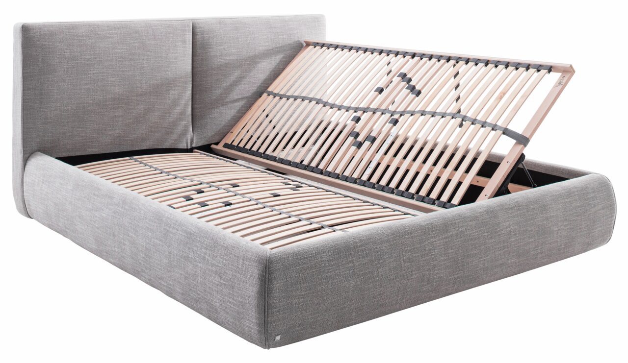 Graues Polsterbett mit hochgeklapptem Lattenrost, seitliche Perspektive