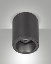 Zylindrischer schwarzer Aufbauspot von unten betrachtet, montiert an der Decke.