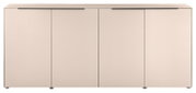 Beiges, minimalistisches Sideboard mit vier Türen und schlanken schwarzen Griffleisten, frontale Ansicht.