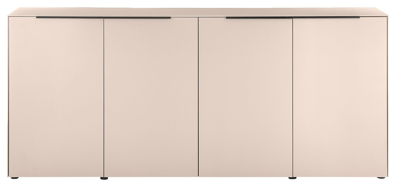 Beiges, minimalistisches Sideboard mit vier Türen und schlanken schwarzen Griffleisten, frontale Ansicht.