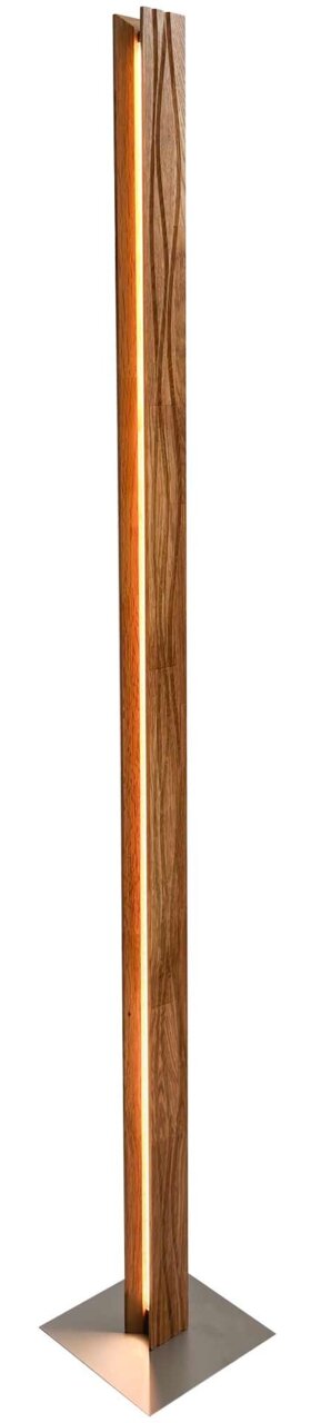 LED-Stehleuchte aus Holz mit warmem Licht, seitliche Perspektive