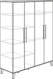 Illustration eines 4-türigen Kleiderschranks mit Regalböden, perspektivisch von vorne links gezeigt.