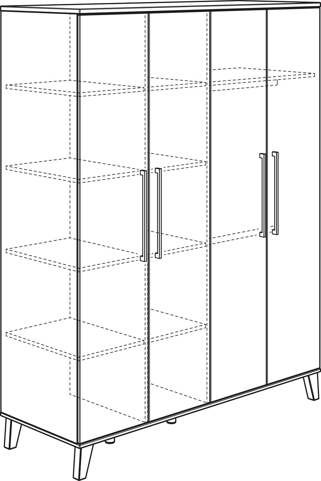 Illustration eines 4-türigen Kleiderschranks mit Regalböden, perspektivisch von vorne links gezeigt.