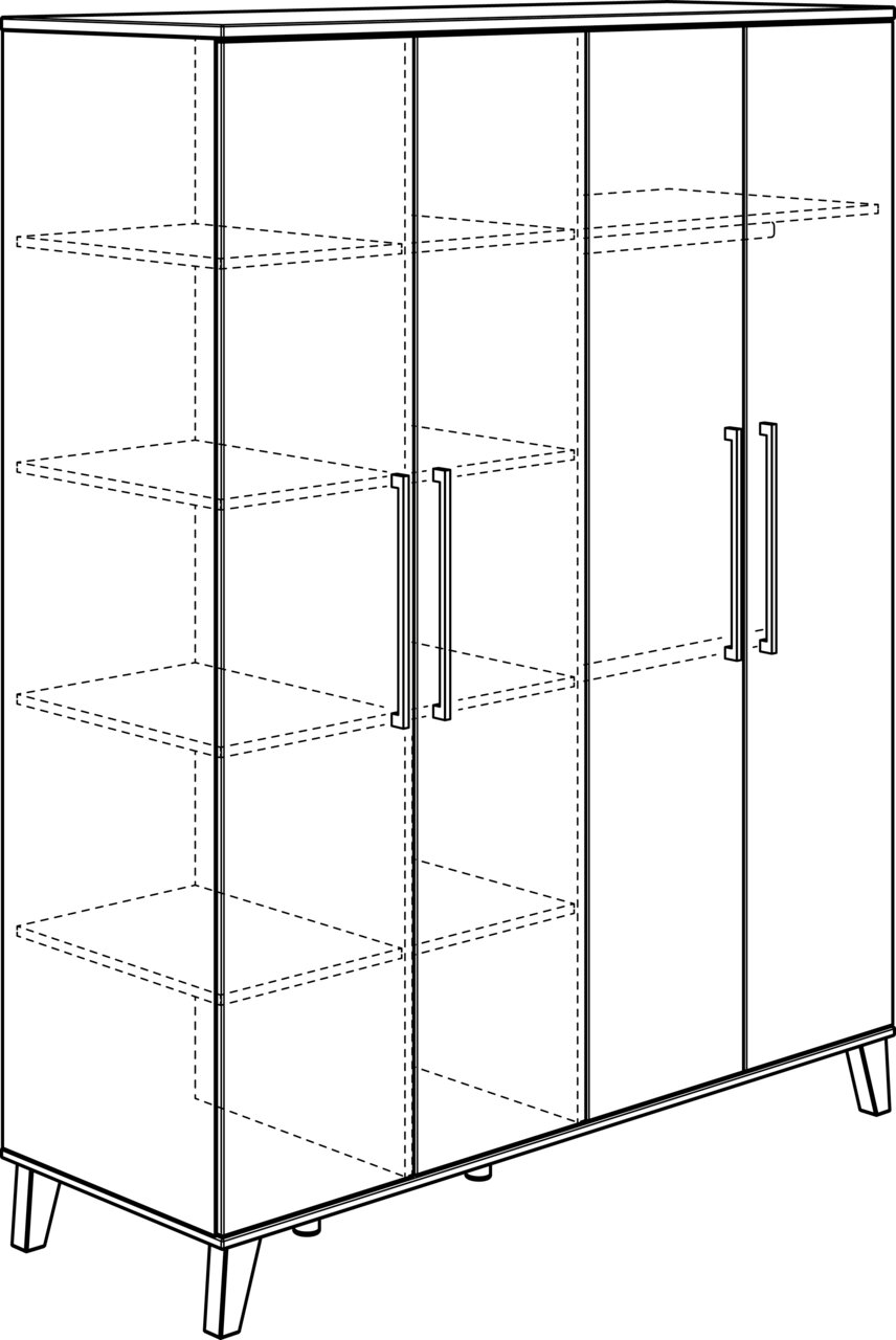 Illustration eines 4-türigen Kleiderschranks mit Regalböden, perspektivisch von vorne links gezeigt.