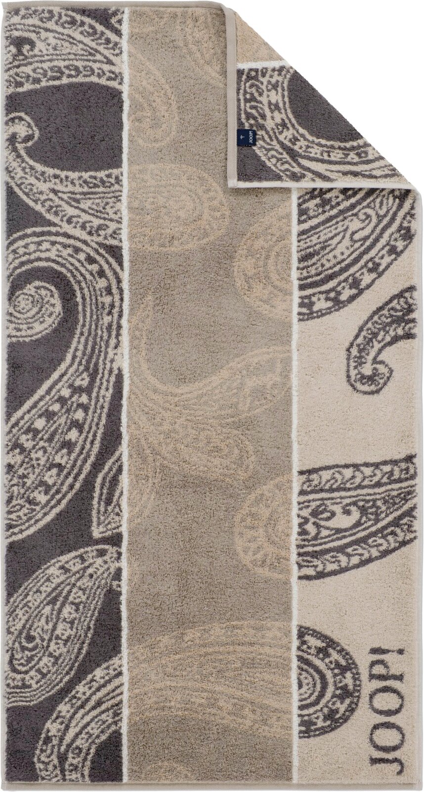 JOOP! Duschtuch CONTOUR Joop! Frottier-Handtuch mit Paisley-Muster in Grau, Beige und Creme, Draufsicht von oben, Ecke umgeschlagen