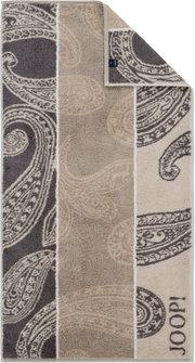 Joop! Frottier-Handtuch mit Paisley-Muster in Grau, Beige und Creme, Draufsicht von oben, Ecke umgeschlagen