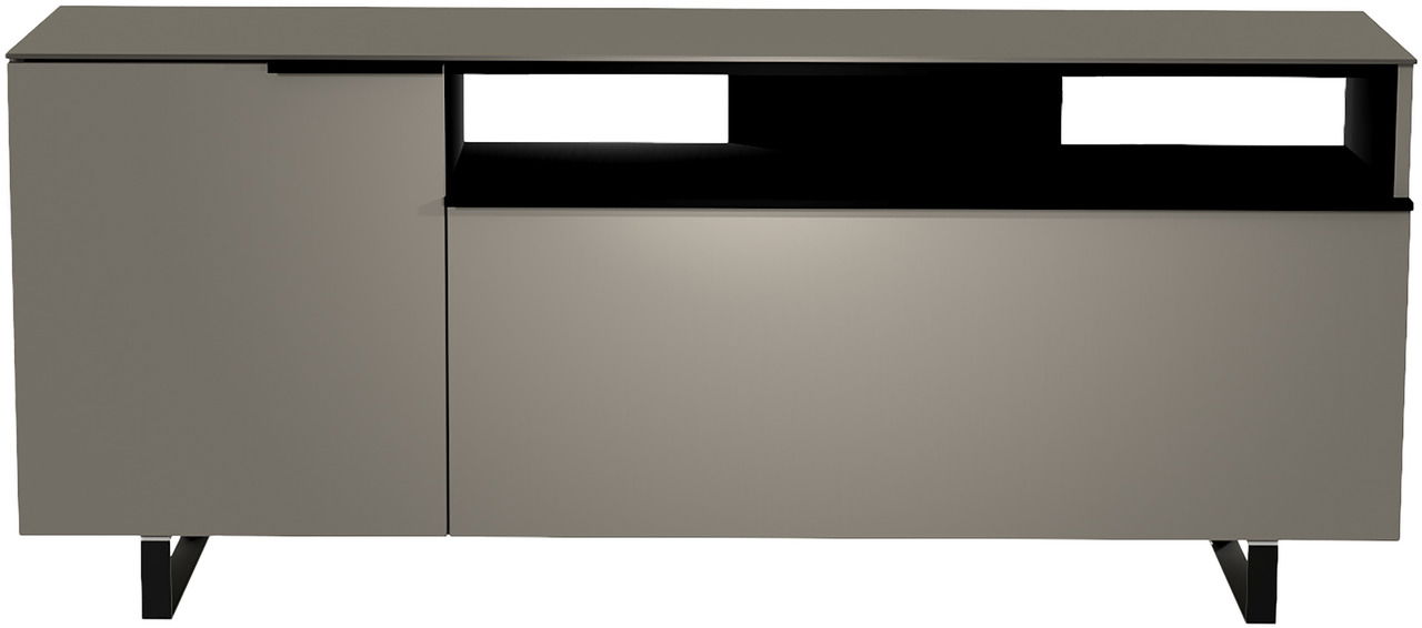 Frontansicht eines modernen TV-Lowboards der Serie BORMIO mit zwei Türen und einem offenen Fach, in grauer Farbe auf schwarzen Beinen.