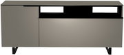 Frontansicht eines modernen TV-Lowboards der Serie BORMIO mit zwei Türen und einem offenen Fach, in grauer Farbe auf schwarzen Beinen.
