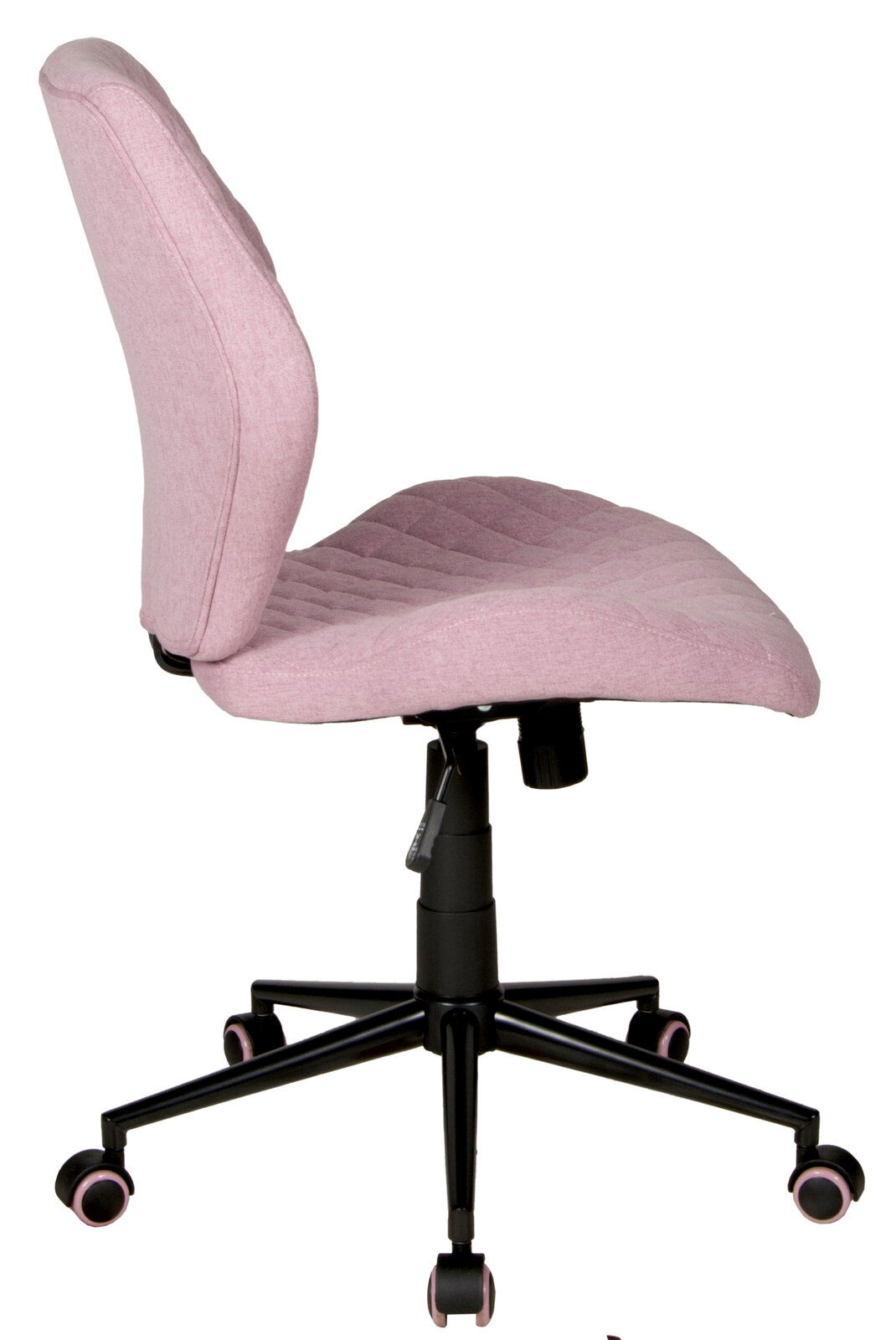Seitenansicht eines rosa Drehstuhls mit schwarzem Gestell und Rollen.
