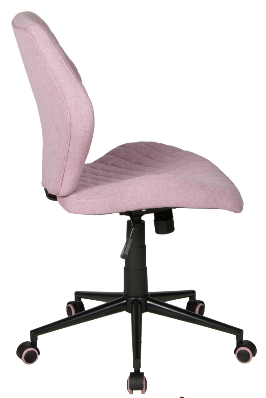 Seitenansicht eines rosa Drehstuhls mit schwarzem Gestell und Rollen.