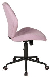Seitenansicht eines rosa Drehstuhls mit schwarzem Gestell und Rollen.