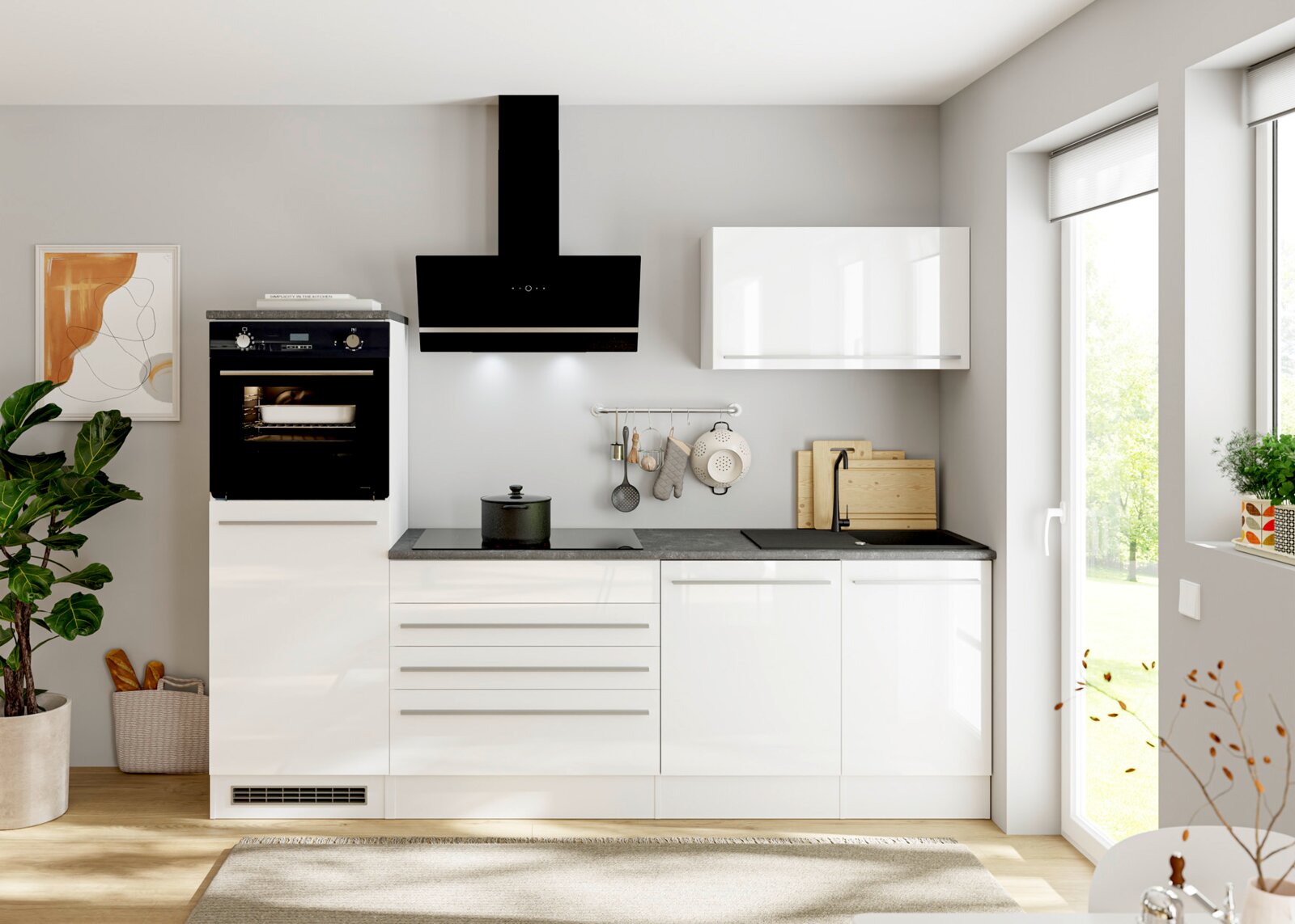 Yourkitchen Küchenblock 260 PREMIUM JAZZ Moderne weiße Einbauküche mit schwarzer Wand-Dunstabzugshaube, Backofen, Induktionskochfeld und Spüle, frontal aus Augenhöhe fotografiert.