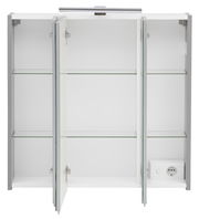 Spiegelschrank mit drei Türen, geöffnet, mit Glasregalen und integrierter Steckdose, Frontalansicht