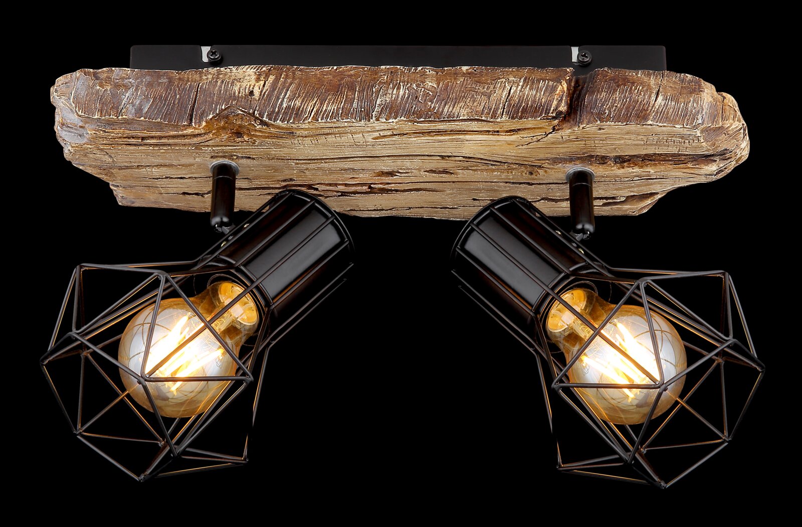 Zweiflammiger Strahler mit rustikalem Holzdesign und schwarzen Metallgittern, Perspektive von unten