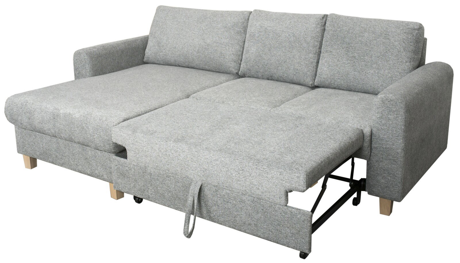 Graues Ecksofa mit ausziehbarer Schlaffunktion, Perspektive von vorne links
