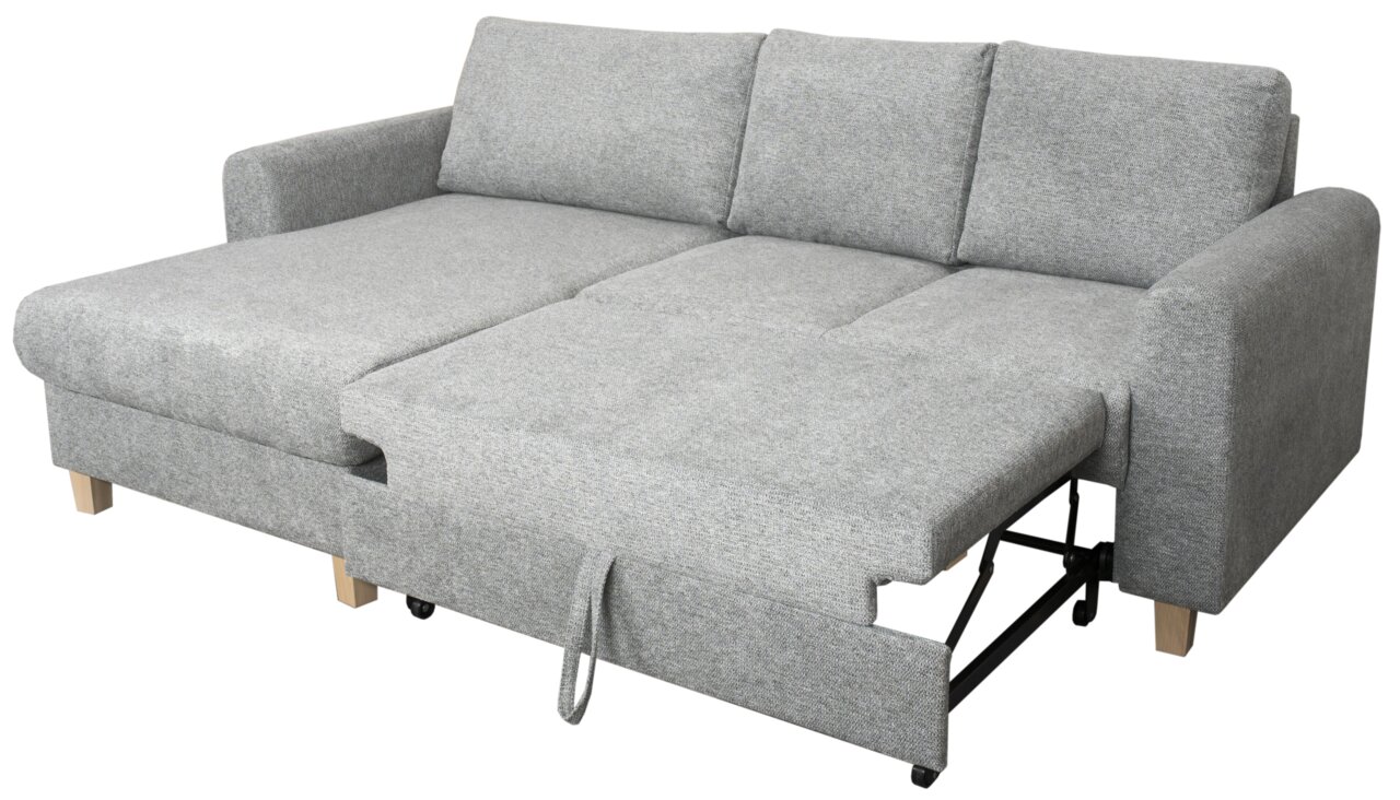 Graues Ecksofa mit ausziehbarer Schlaffunktion, Perspektive von vorne links
