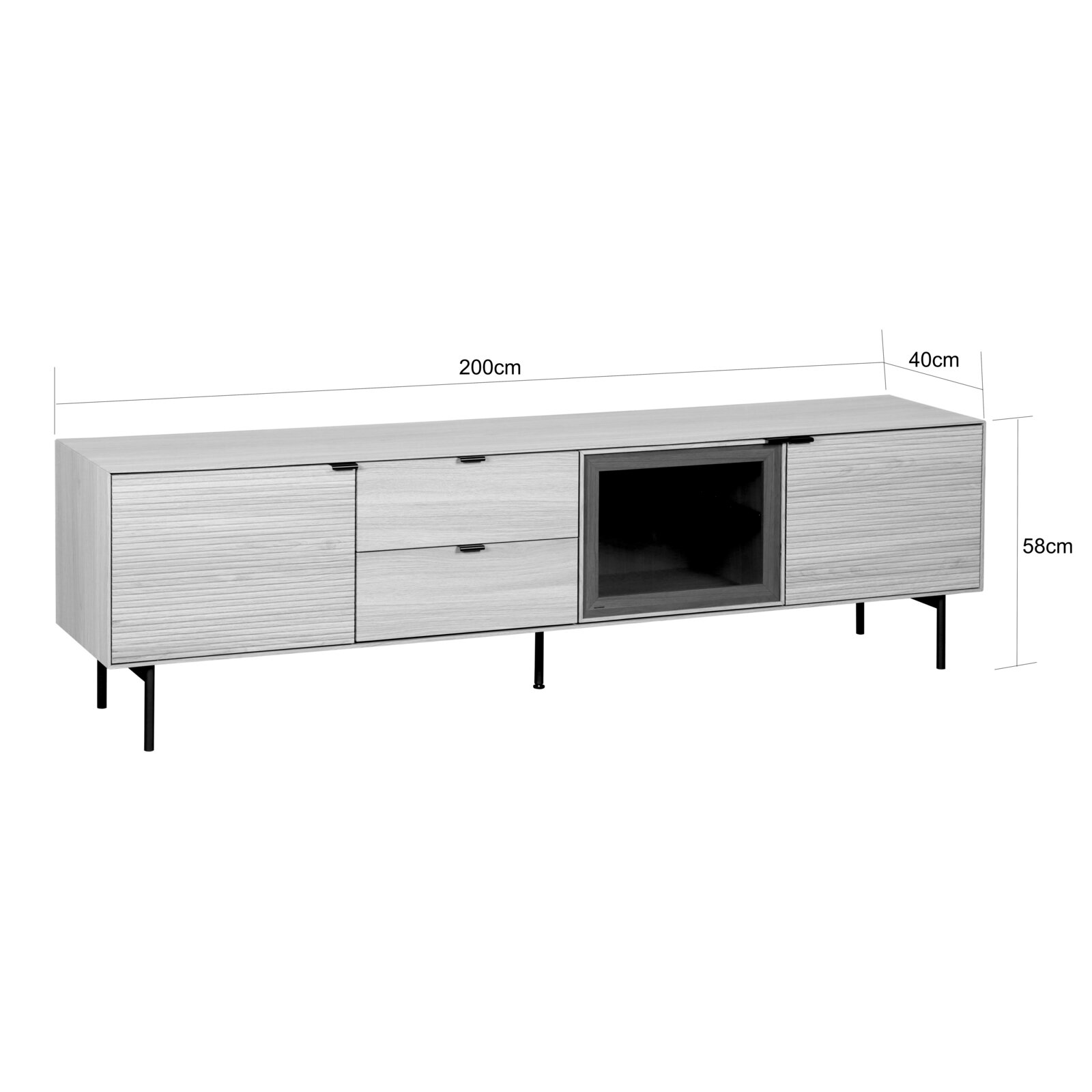 Modernes Lowboard/TV-Board in heller Holzoptik mit schwarzen Metallfüßen, zwei Schiebetüren, zwei Schubladen und offenem Fach; Maße 200 x 40 x 58 cm, Frontansicht in leichter Perspektive von vorn rechts.