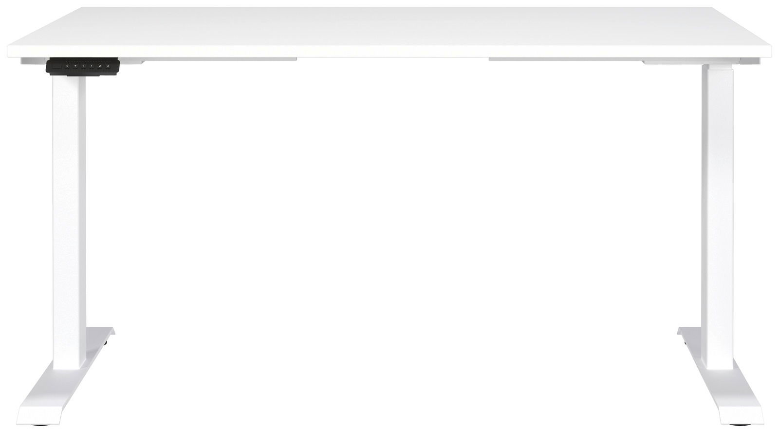 Weißer E-Schreibtisch mit rechteckiger Tischplatte und höhenverstellbaren Beinen, frontal betrachtet.