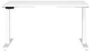 Weißer E-Schreibtisch mit rechteckiger Tischplatte und höhenverstellbaren Beinen, frontal betrachtet.