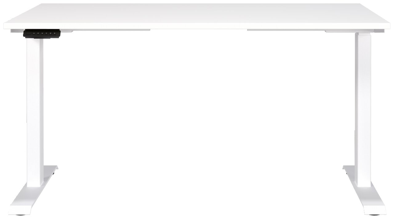 Weißer E-Schreibtisch mit rechteckiger Tischplatte und höhenverstellbaren Beinen, frontal betrachtet.