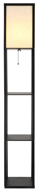 Moderne Stehleuchte mit rechteckigem Lampenschirm und integriertem Regal, frontal abgebildet.