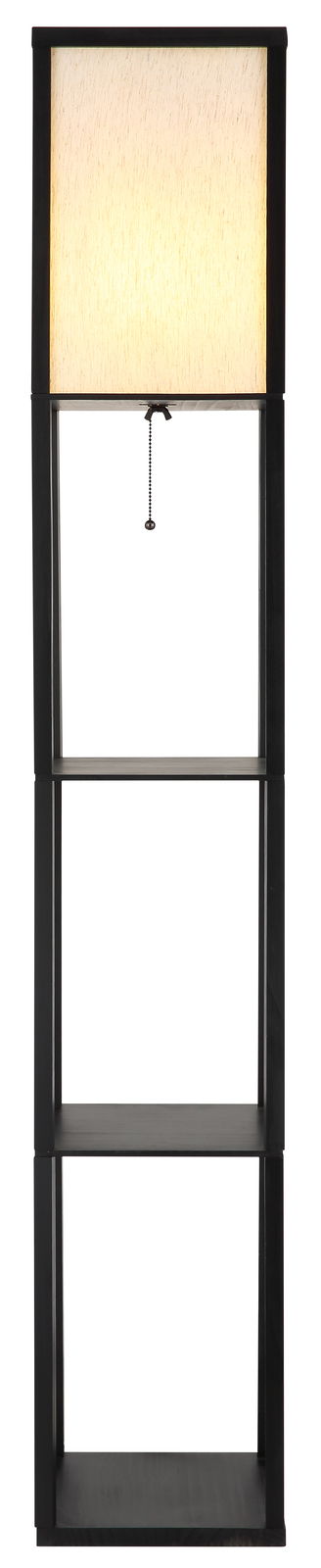 Moderne Stehleuchte mit rechteckigem Lampenschirm und integriertem Regal, frontal abgebildet.