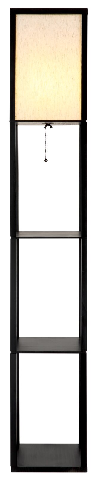 Moderne Stehleuchte mit rechteckigem Lampenschirm und integriertem Regal, frontal abgebildet.