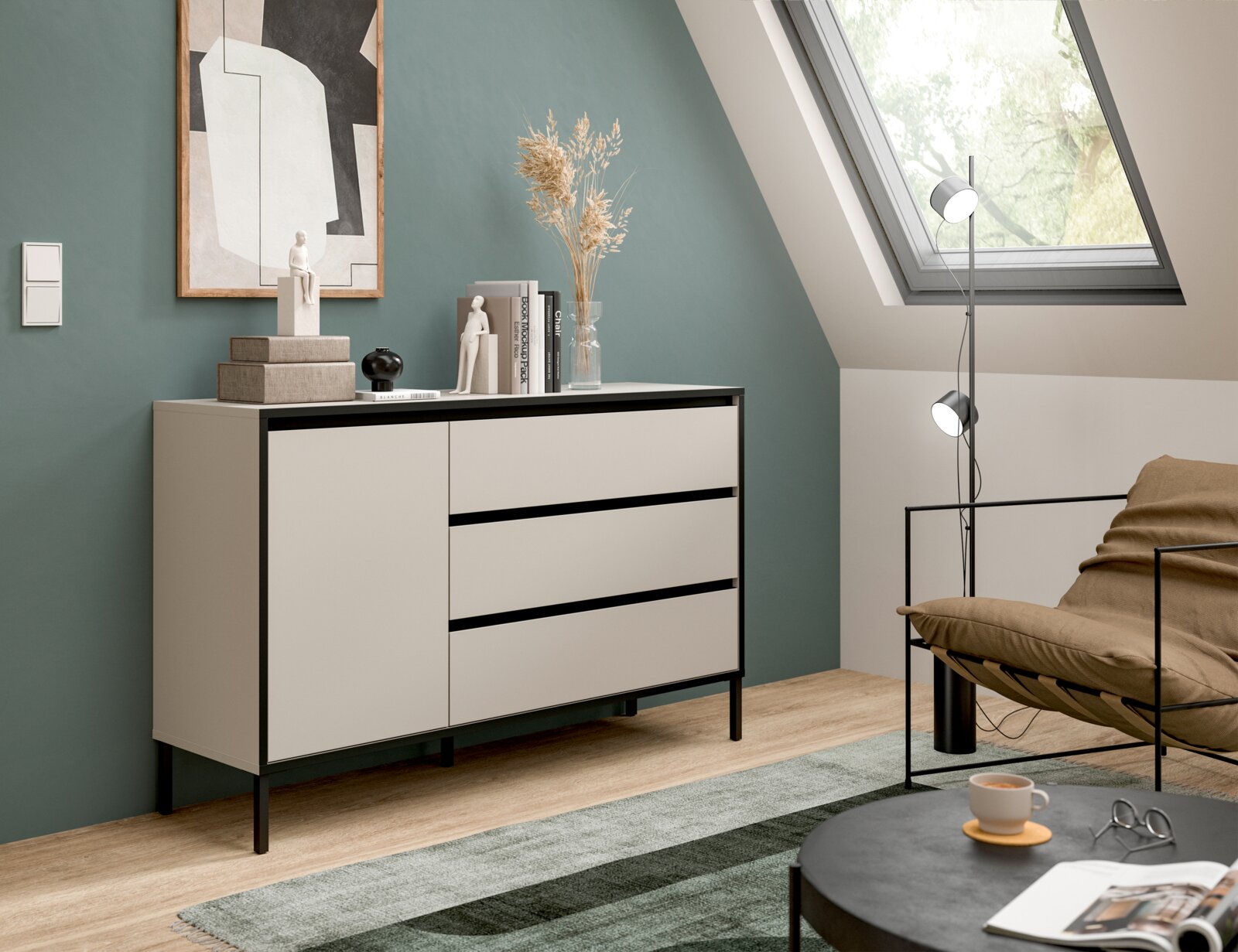 MID.YOU Sideboard TRON Modernes Sideboard in einem stilvollen Raum mit schrägem Dachfenster, dekoriert mit Kunstobjekten und Büchern, seitliche Perspektive.