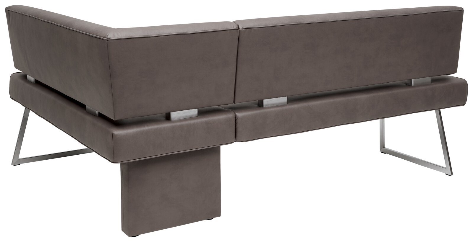 Rückansicht einer modernen Eckbank mit grauem Polster und Metallbeinen, perspektivisch von hinten links aufgenommen.