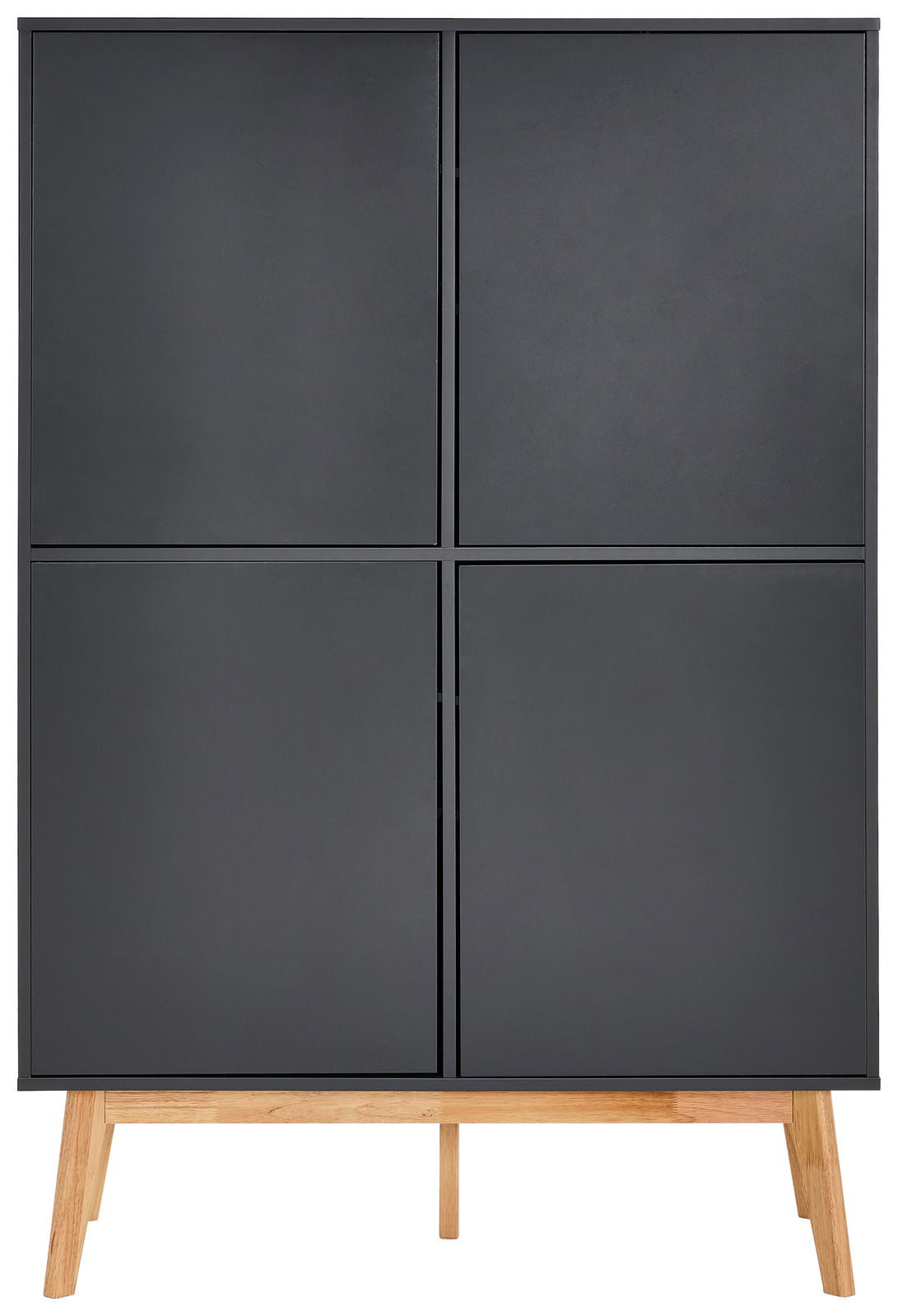 Modernes Highboard in dunklem Grau mit vier Türen und Holzbeinen, Frontalansicht