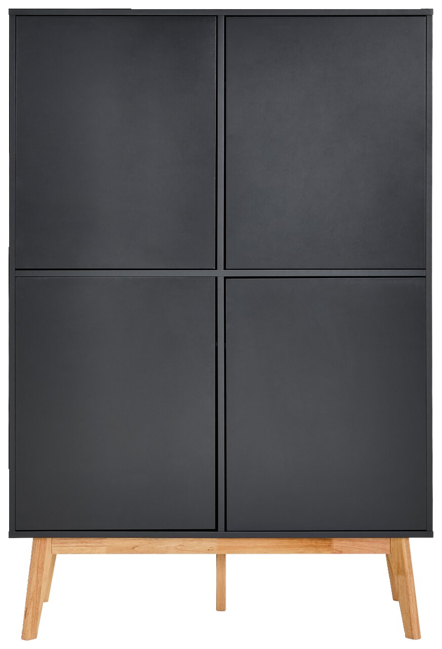 Modernes Highboard in dunklem Grau mit vier Türen und Holzbeinen, Frontalansicht
