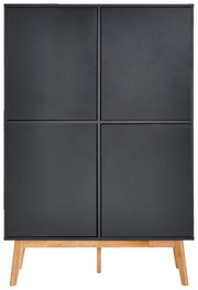 Modernes Highboard in dunklem Grau mit vier Türen und Holzbeinen, Frontalansicht