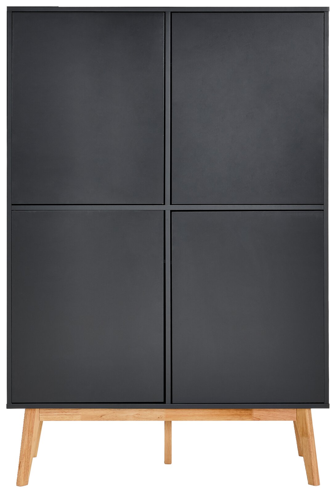 Modernes Highboard in dunklem Grau mit vier Türen und Holzbeinen, Frontalansicht