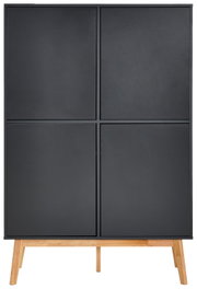 Modernes Highboard in dunklem Grau mit vier Türen und Holzbeinen, Frontalansicht