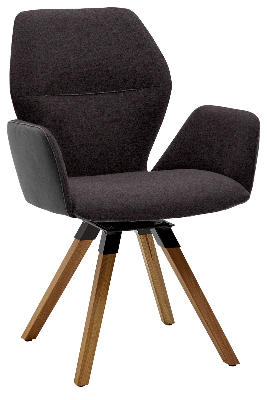 Moderner Armlehnenstuhl mit dunklem Stoffbezug und Holzbeinen, seitliche Perspektive