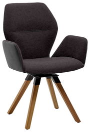 Moderner Armlehnenstuhl mit dunklem Stoffbezug und Holzbeinen, seitliche Perspektive