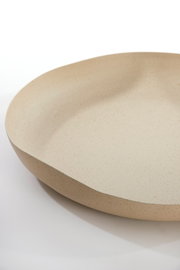 Close-up vanuit schuin bovenaanzicht van een ondiepe, ronde schaal in gespikkeld beige op een witte achtergrond