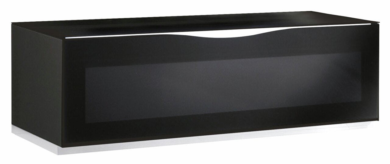 Schwarzes TV-Lowboard mit modernem Design, seitliche Perspektive