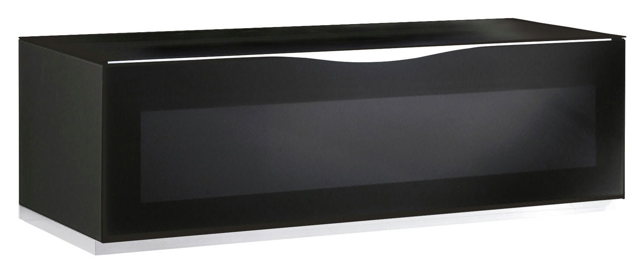 Schwarzes TV-Lowboard mit modernem Design, seitliche Perspektive