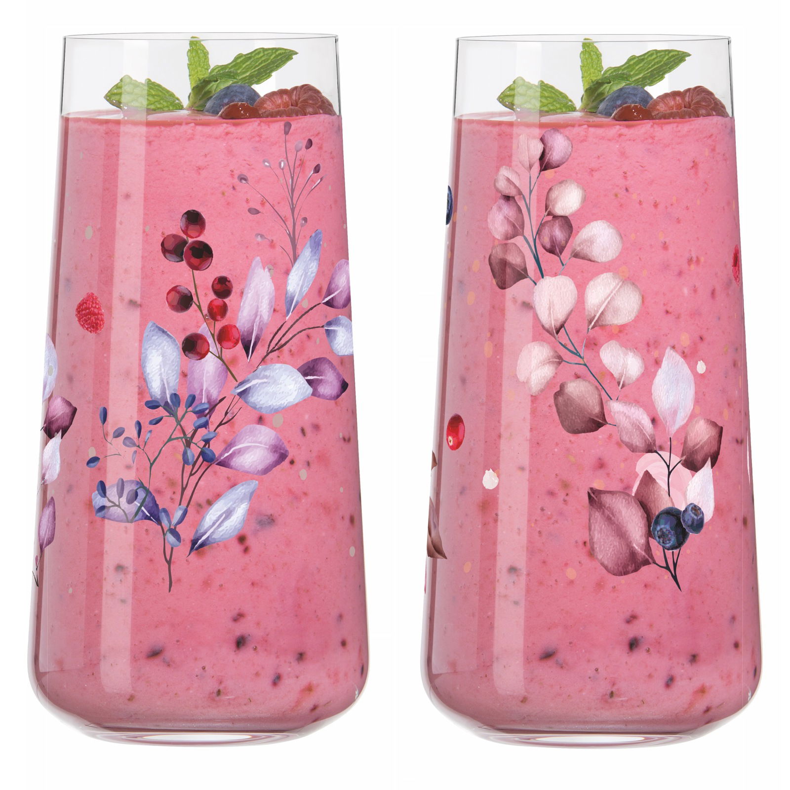 Ritzenhoff Longdrinkglas 2er-Set SOMMERSONETT Zwei Longdrinkbecher mit floralen Mustern, gefüllt mit einem pinken Smoothie und garniert mit Minzblättern und Beeren, aus der Frontalperspektive.