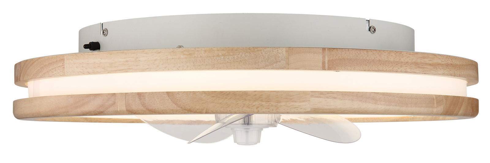 Moderner Deckenventilator mit Holzoptik und integrierter Beleuchtung, seitliche Perspektive