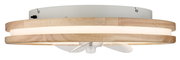 Moderner Deckenventilator mit Holzoptik und integrierter Beleuchtung, seitliche Perspektive