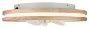 Moderner Deckenventilator mit Holzoptik und integrierter Beleuchtung, seitliche Perspektive
