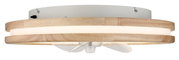 Moderne plafondventilator met houtlook en ingebouwde verlichting, zijaanzicht