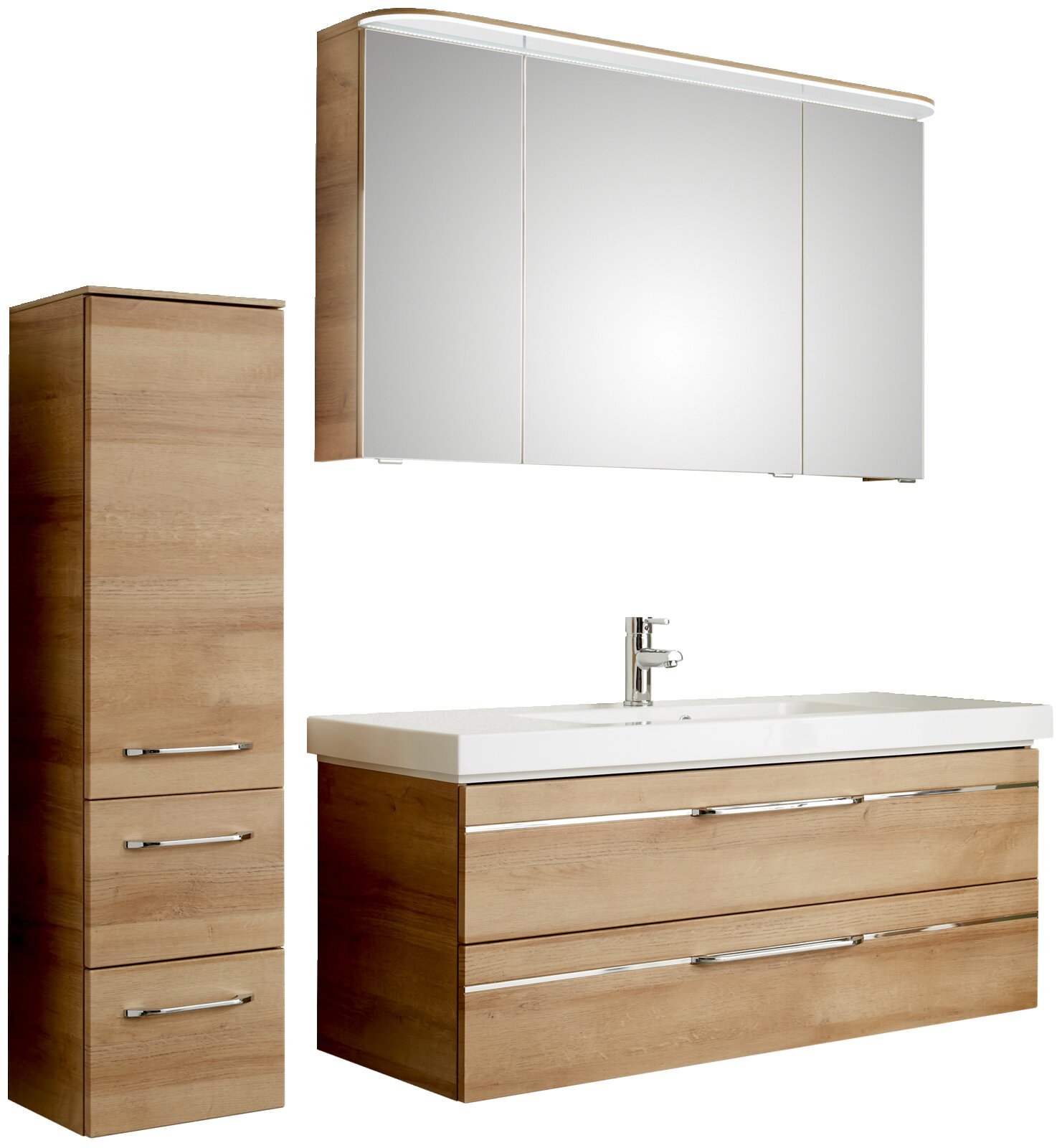 Moderner Badblock in Holzoptik mit Spiegelschrank, Waschbeckenunterschrank und hohem Seitenschrank, Frontalansicht.