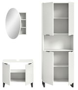 Badkombination bestehend aus einem runden Spiegel mit integriertem Regal, einem hohen Schrank mit Lamellentüren und einem Unterschrank mit Lamellentüren, frontal betrachtet.