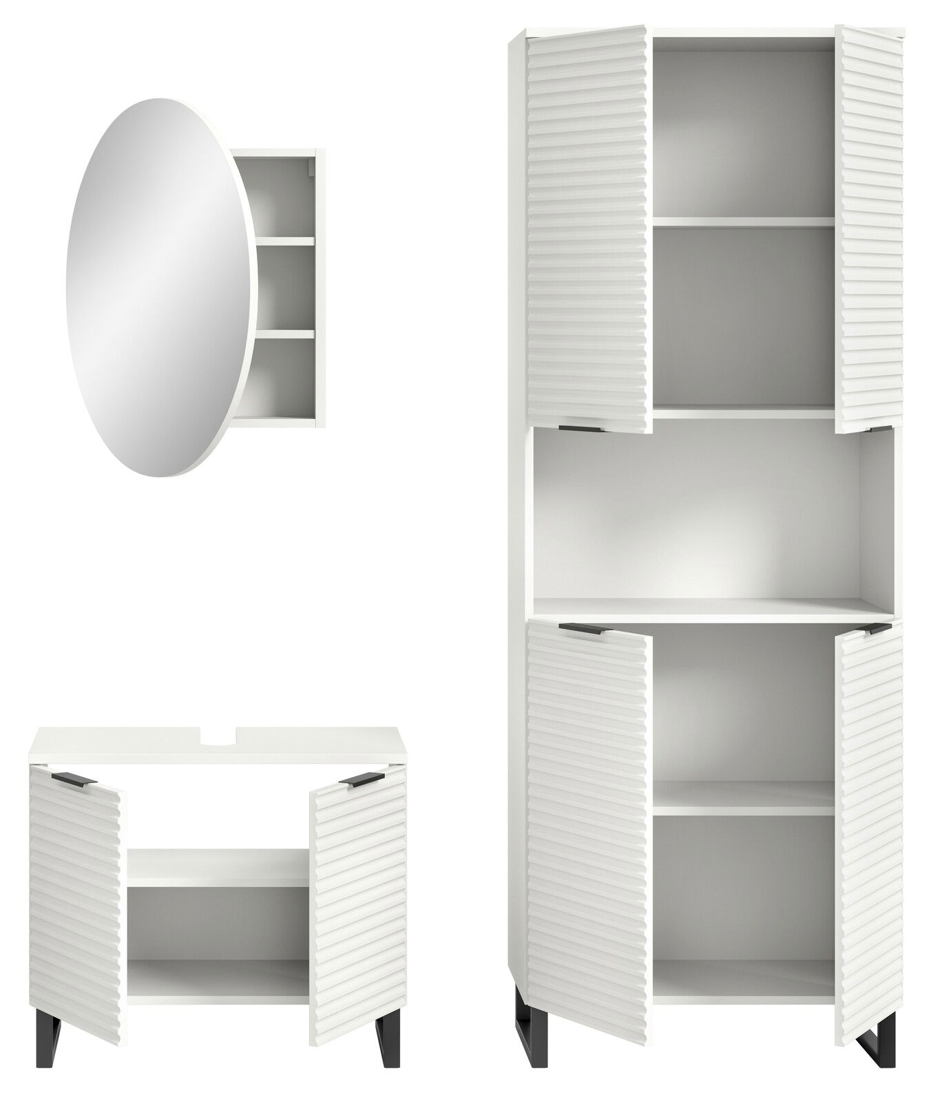 Badkombination bestehend aus einem runden Spiegel mit integriertem Regal, einem hohen Schrank mit Lamellentüren und einem Unterschrank mit Lamellentüren, frontal betrachtet.