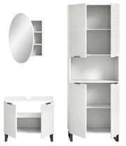 Badkombination bestehend aus einem runden Spiegel mit integriertem Regal, einem hohen Schrank mit Lamellentüren und einem Unterschrank mit Lamellentüren, frontal betrachtet.