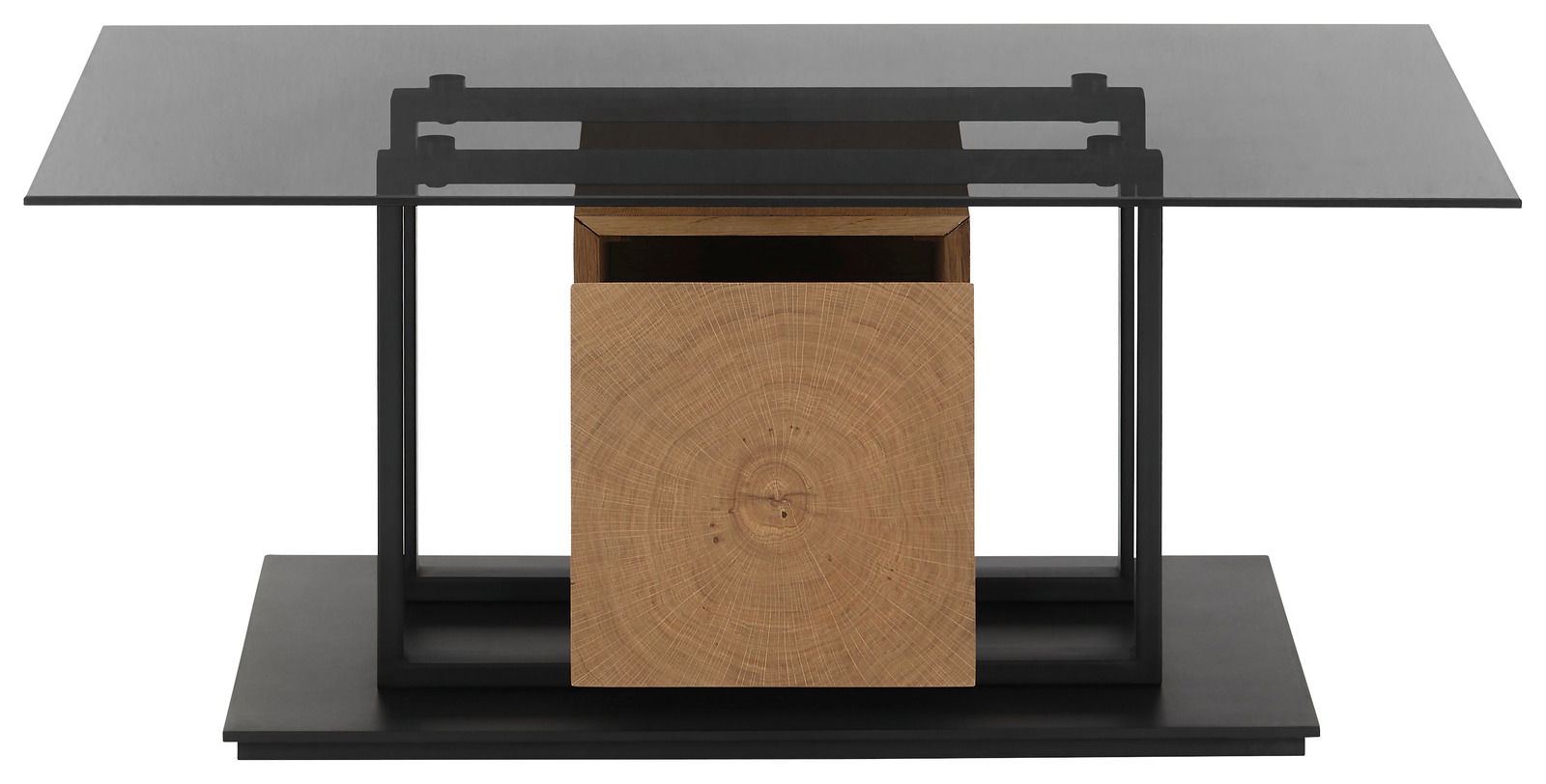 Moderner Couchtisch mit Glasplatte und Holzdetail, frontal betrachtet.