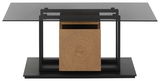 Moderner Couchtisch mit Glasplatte und Holzdetail, frontal betrachtet.